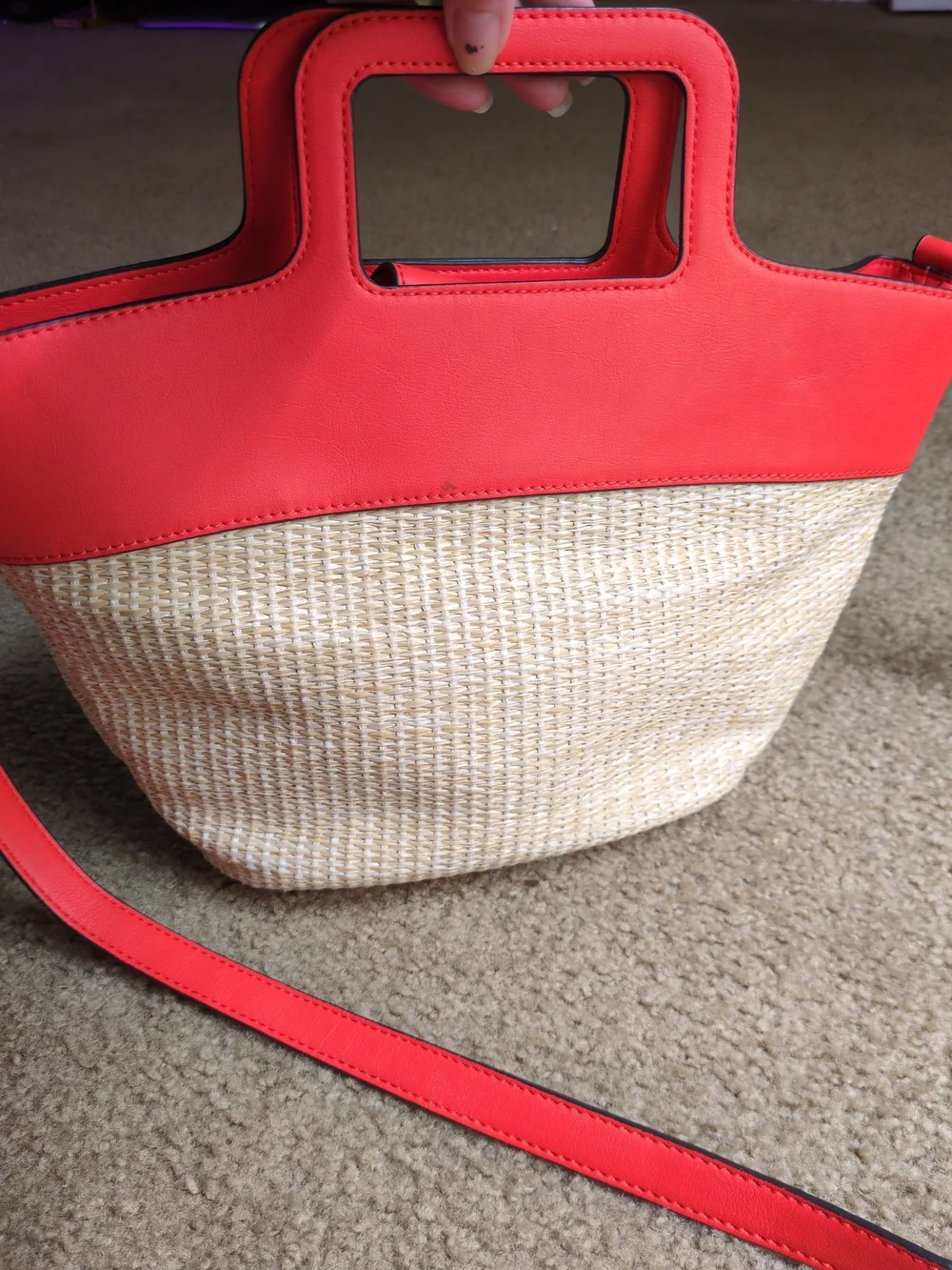 Simply Vera Vera Wang straw crossbody bag orange faux leather trim & top handle